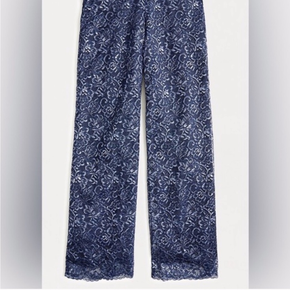 J. Crew Blue Lace Wide Leg Pants with Elegant Print and metallic silver thread - Picture 2 of 12